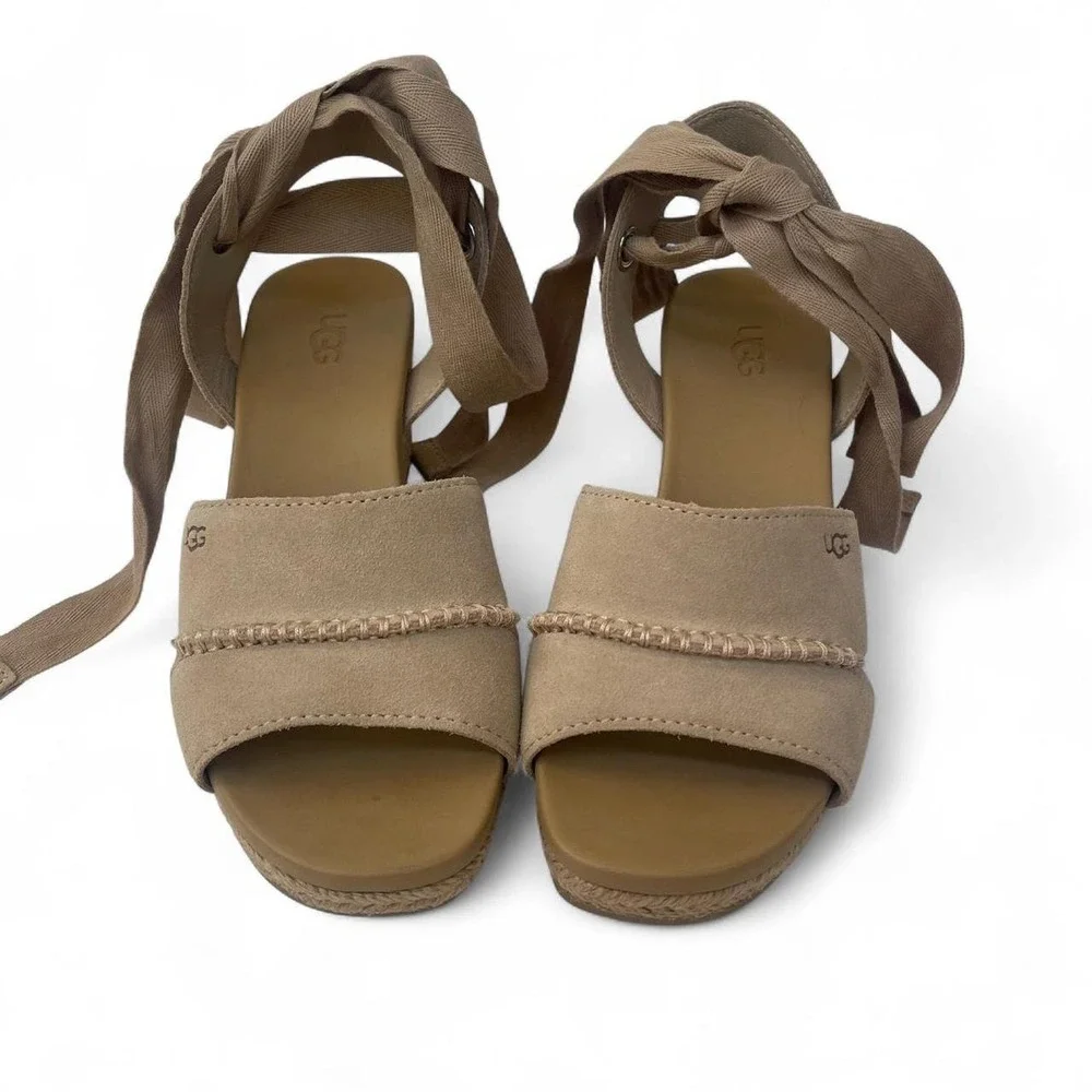 UGG Yarrow Suede Espadrille Wedge Sandals Tan Ankle Tie 1107957 Womens